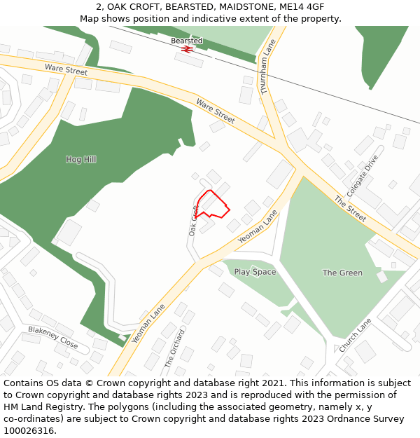 2, OAK CROFT, BEARSTED, MAIDSTONE, ME14 4GF: Location map and indicative extent of plot