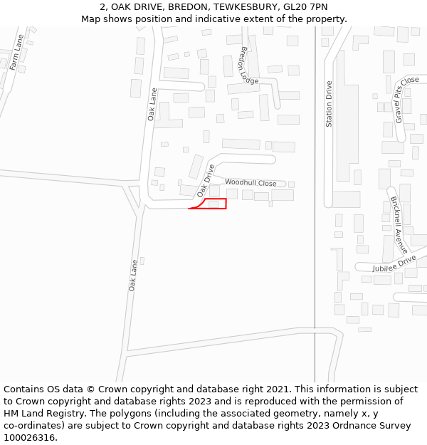 2, OAK DRIVE, BREDON, TEWKESBURY, GL20 7PN: Location map and indicative extent of plot