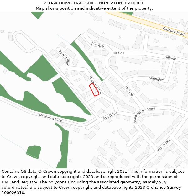 2, OAK DRIVE, HARTSHILL, NUNEATON, CV10 0XF: Location map and indicative extent of plot