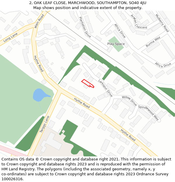 2, OAK LEAF CLOSE, MARCHWOOD, SOUTHAMPTON, SO40 4JU: Location map and indicative extent of plot