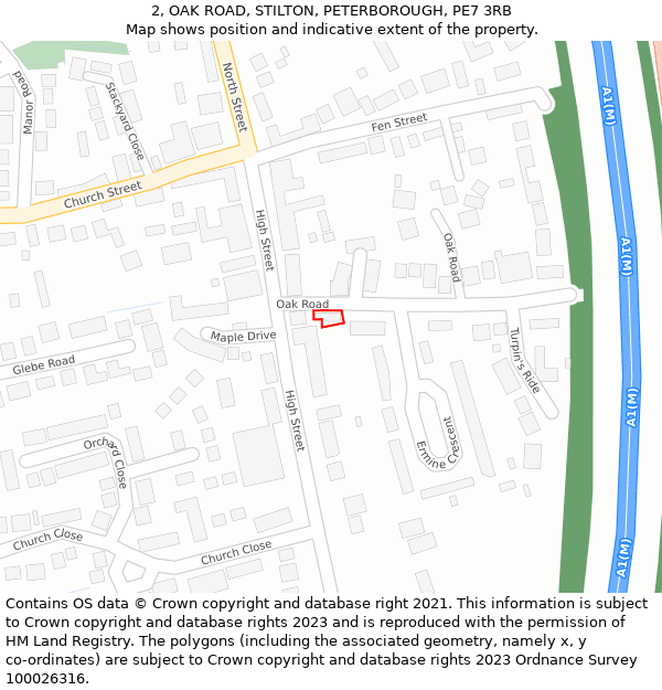 2, OAK ROAD, STILTON, PETERBOROUGH, PE7 3RB: Location map and indicative extent of plot