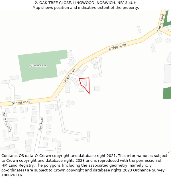 2, OAK TREE CLOSE, LINGWOOD, NORWICH, NR13 4UH: Location map and indicative extent of plot