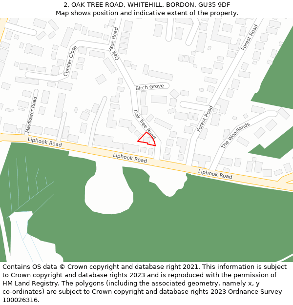 2, OAK TREE ROAD, WHITEHILL, BORDON, GU35 9DF: Location map and indicative extent of plot