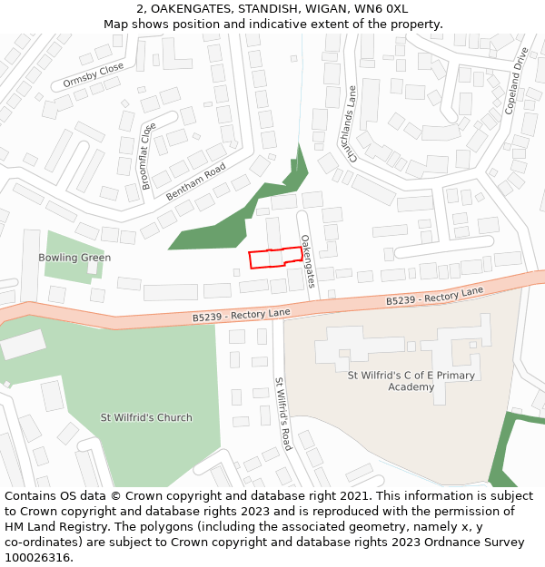 2, OAKENGATES, STANDISH, WIGAN, WN6 0XL: Location map and indicative extent of plot