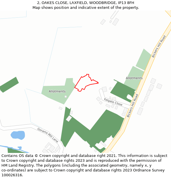 2, OAKES CLOSE, LAXFIELD, WOODBRIDGE, IP13 8FH: Location map and indicative extent of plot