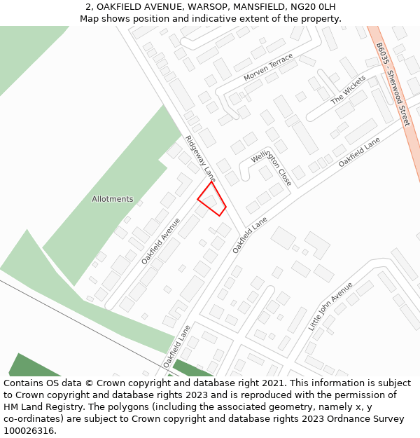 2, OAKFIELD AVENUE, WARSOP, MANSFIELD, NG20 0LH: Location map and indicative extent of plot