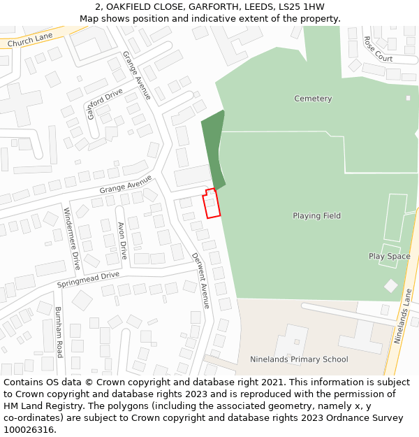 2, OAKFIELD CLOSE, GARFORTH, LEEDS, LS25 1HW: Location map and indicative extent of plot