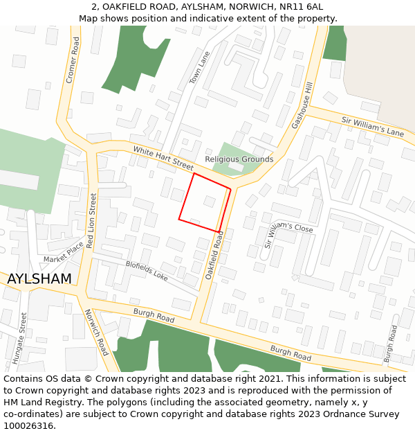 2, OAKFIELD ROAD, AYLSHAM, NORWICH, NR11 6AL: Location map and indicative extent of plot