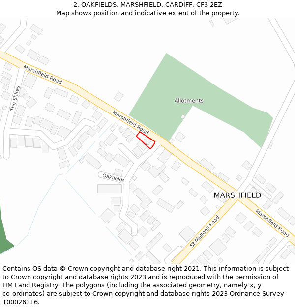 2, OAKFIELDS, MARSHFIELD, CARDIFF, CF3 2EZ: Location map and indicative extent of plot