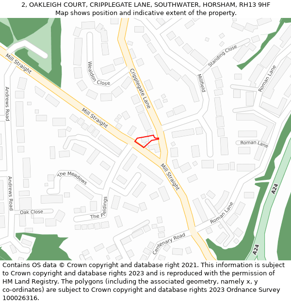 2, OAKLEIGH COURT, CRIPPLEGATE LANE, SOUTHWATER, HORSHAM, RH13 9HF: Location map and indicative extent of plot