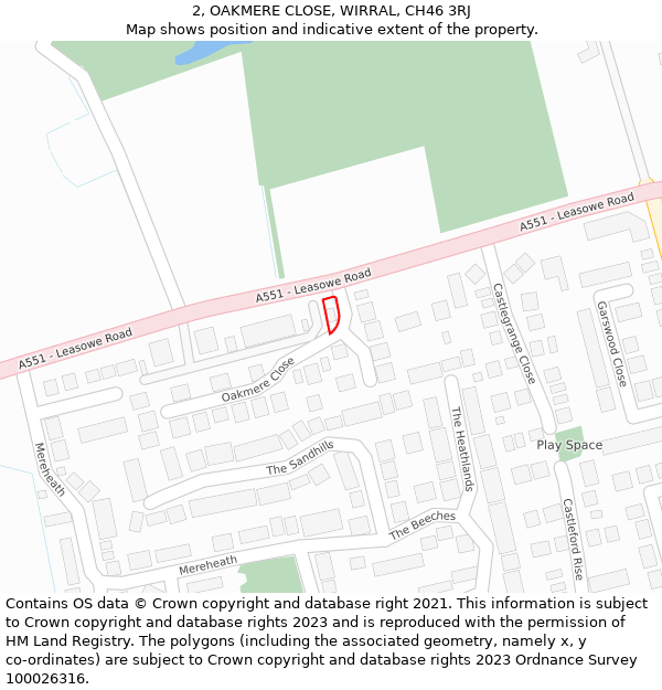 2, OAKMERE CLOSE, WIRRAL, CH46 3RJ: Location map and indicative extent of plot