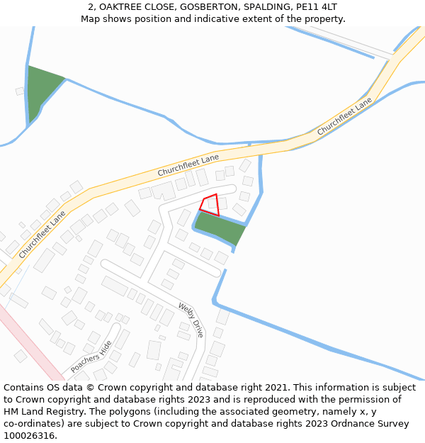 2, OAKTREE CLOSE, GOSBERTON, SPALDING, PE11 4LT: Location map and indicative extent of plot