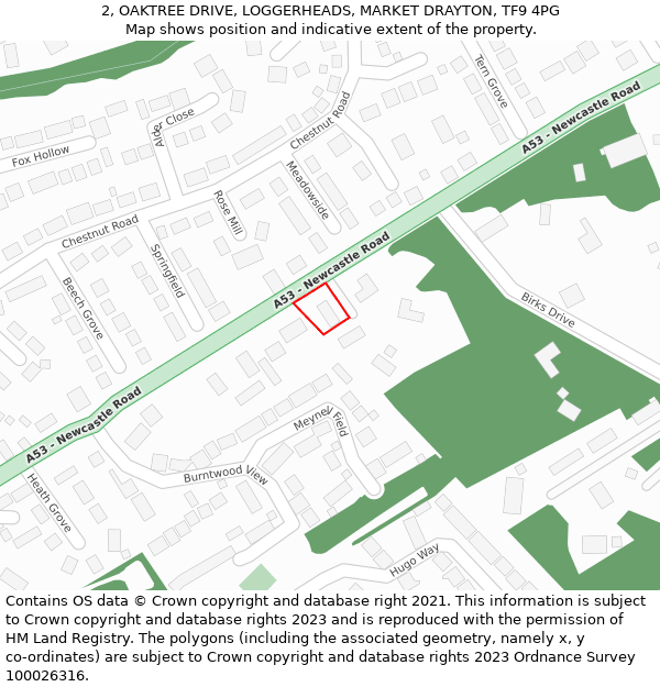 2, OAKTREE DRIVE, LOGGERHEADS, MARKET DRAYTON, TF9 4PG: Location map and indicative extent of plot