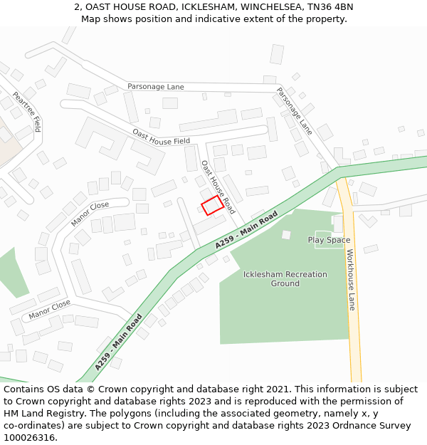 2, OAST HOUSE ROAD, ICKLESHAM, WINCHELSEA, TN36 4BN: Location map and indicative extent of plot