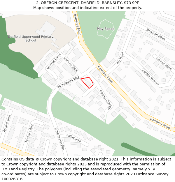 2, OBERON CRESCENT, DARFIELD, BARNSLEY, S73 9PF: Location map and indicative extent of plot