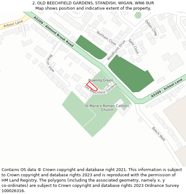 2, OLD BEECHFIELD GARDENS, STANDISH, WIGAN, WN6 0UR: Location map and indicative extent of plot