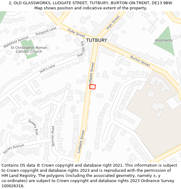 2, OLD GLASSWORKS, LUDGATE STREET, TUTBURY, BURTON-ON-TRENT, DE13 9BW: Location map and indicative extent of plot