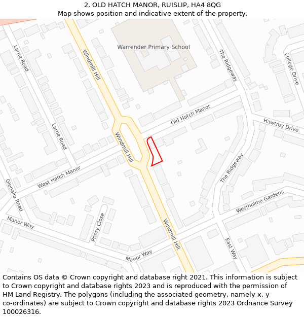 2, OLD HATCH MANOR, RUISLIP, HA4 8QG: Location map and indicative extent of plot