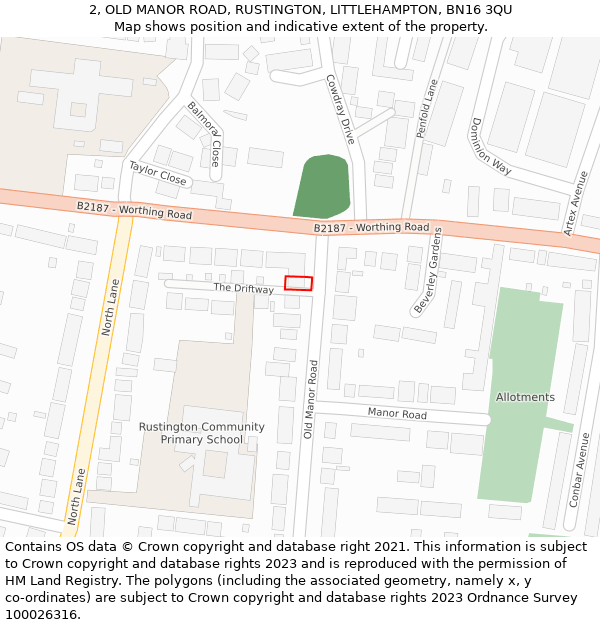 2, OLD MANOR ROAD, RUSTINGTON, LITTLEHAMPTON, BN16 3QU: Location map and indicative extent of plot