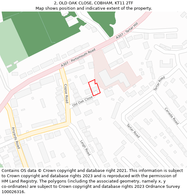 2, OLD OAK CLOSE, COBHAM, KT11 2TF: Location map and indicative extent of plot