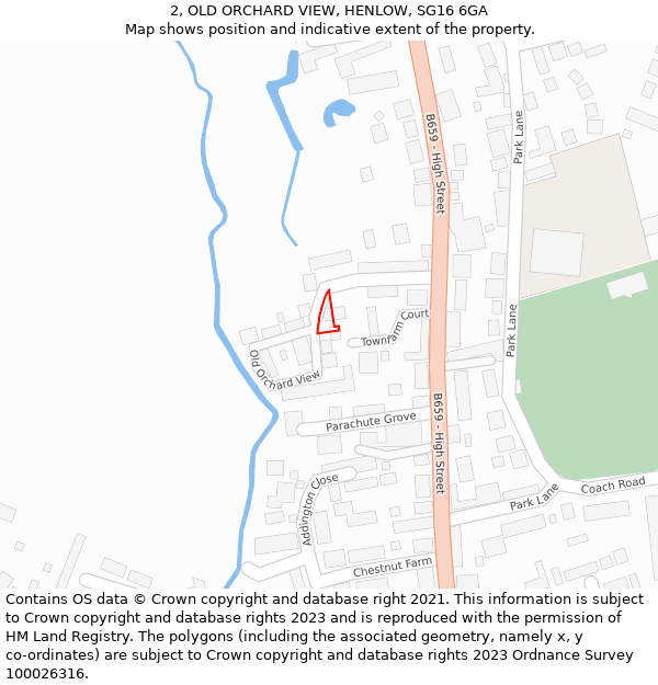 2, OLD ORCHARD VIEW, HENLOW, SG16 6GA: Location map and indicative extent of plot