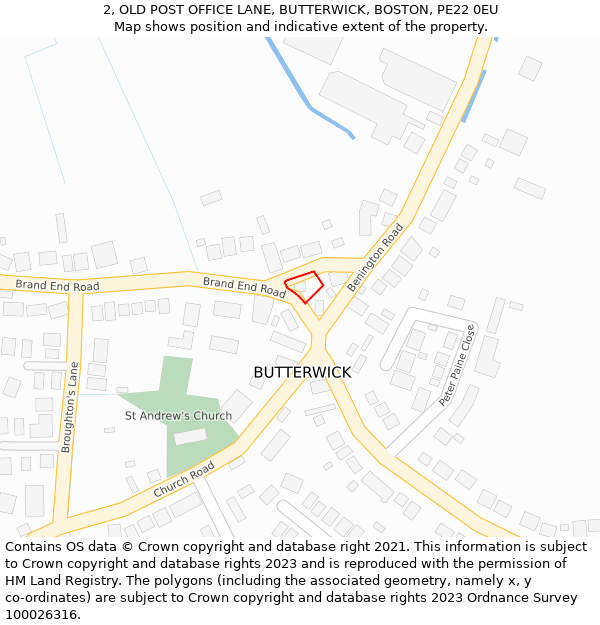 2, OLD POST OFFICE LANE, BUTTERWICK, BOSTON, PE22 0EU: Location map and indicative extent of plot