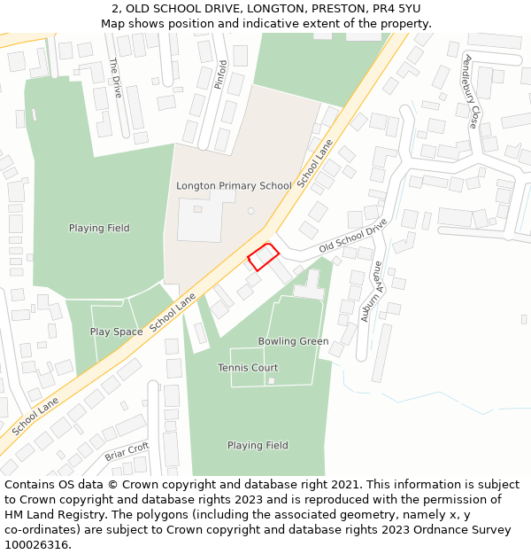2, OLD SCHOOL DRIVE, LONGTON, PRESTON, PR4 5YU: Location map and indicative extent of plot