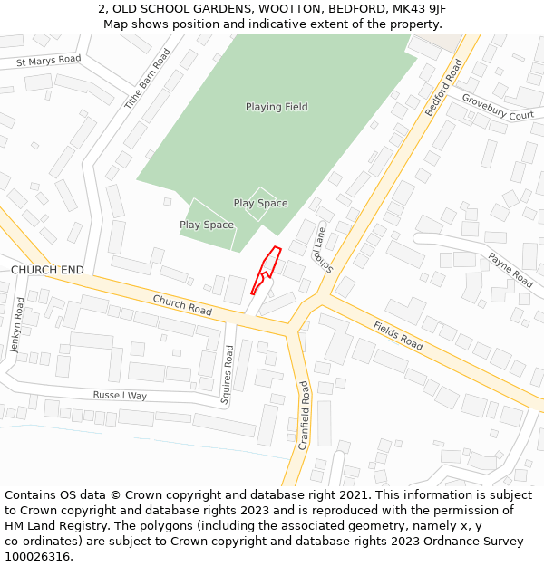 2, OLD SCHOOL GARDENS, WOOTTON, BEDFORD, MK43 9JF: Location map and indicative extent of plot