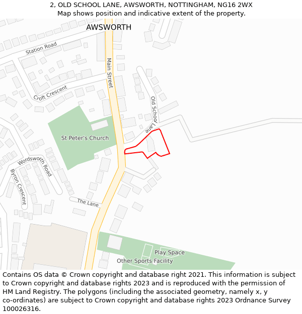 2, OLD SCHOOL LANE, AWSWORTH, NOTTINGHAM, NG16 2WX: Location map and indicative extent of plot