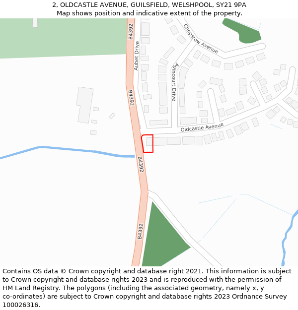 2, OLDCASTLE AVENUE, GUILSFIELD, WELSHPOOL, SY21 9PA: Location map and indicative extent of plot