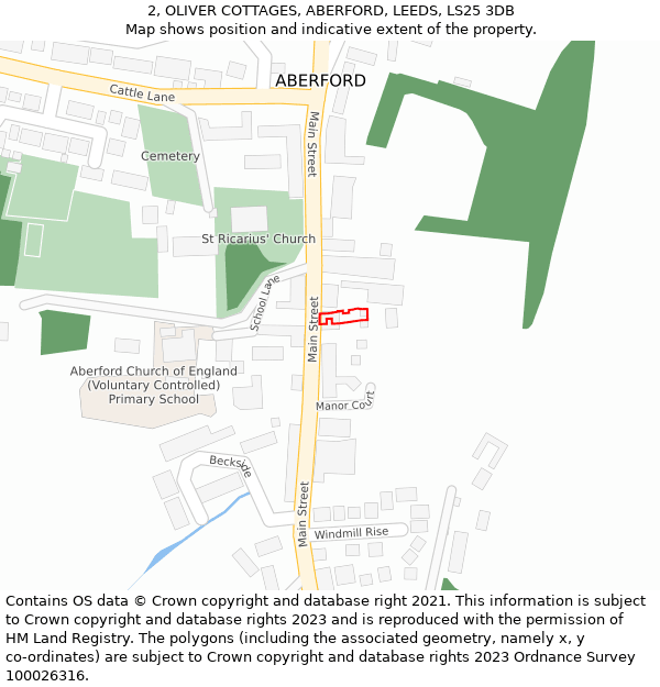 2, OLIVER COTTAGES, ABERFORD, LEEDS, LS25 3DB: Location map and indicative extent of plot