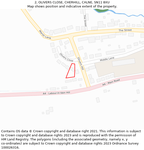 2, OLIVERS CLOSE, CHERHILL, CALNE, SN11 8XU: Location map and indicative extent of plot