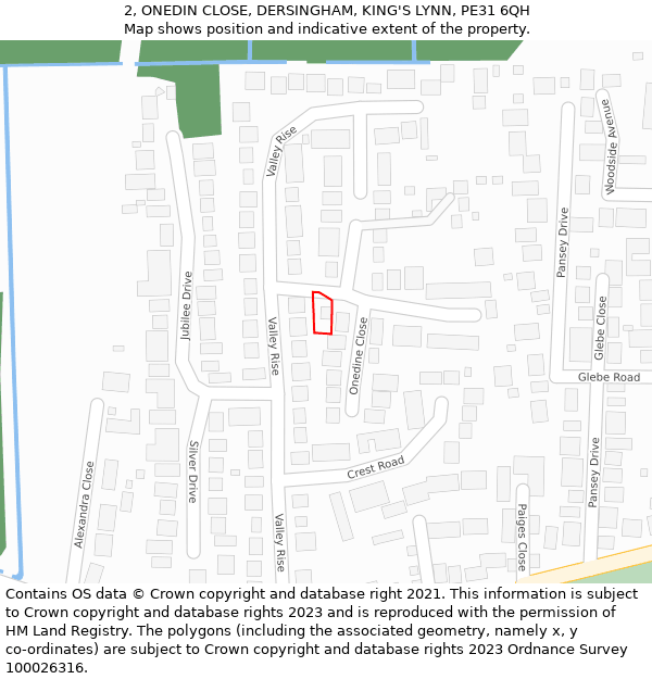 2, ONEDIN CLOSE, DERSINGHAM, KING'S LYNN, PE31 6QH: Location map and indicative extent of plot