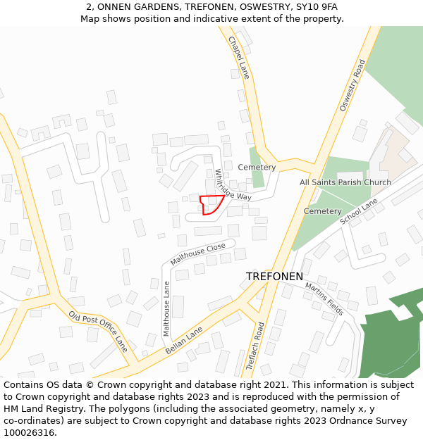 2, ONNEN GARDENS, TREFONEN, OSWESTRY, SY10 9FA: Location map and indicative extent of plot