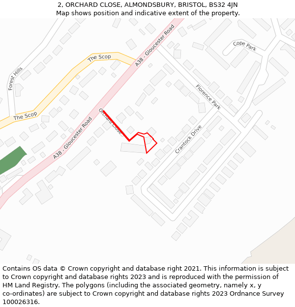 2, ORCHARD CLOSE, ALMONDSBURY, BRISTOL, BS32 4JN: Location map and indicative extent of plot