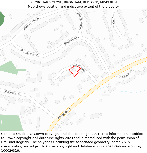 2, ORCHARD CLOSE, BROMHAM, BEDFORD, MK43 8HN: Location map and indicative extent of plot