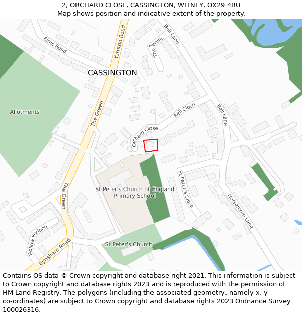 2, ORCHARD CLOSE, CASSINGTON, WITNEY, OX29 4BU: Location map and indicative extent of plot