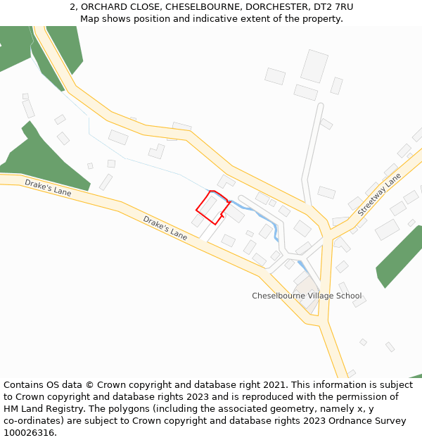 2, ORCHARD CLOSE, CHESELBOURNE, DORCHESTER, DT2 7RU: Location map and indicative extent of plot