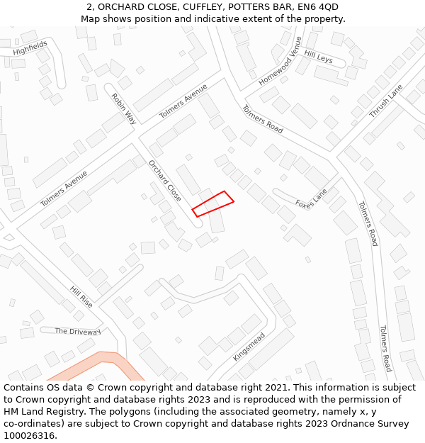 2, ORCHARD CLOSE, CUFFLEY, POTTERS BAR, EN6 4QD: Location map and indicative extent of plot