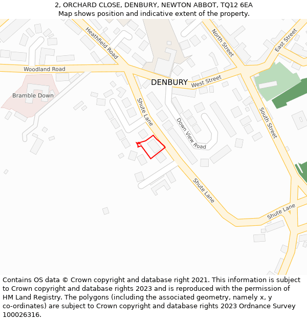 2, ORCHARD CLOSE, DENBURY, NEWTON ABBOT, TQ12 6EA: Location map and indicative extent of plot