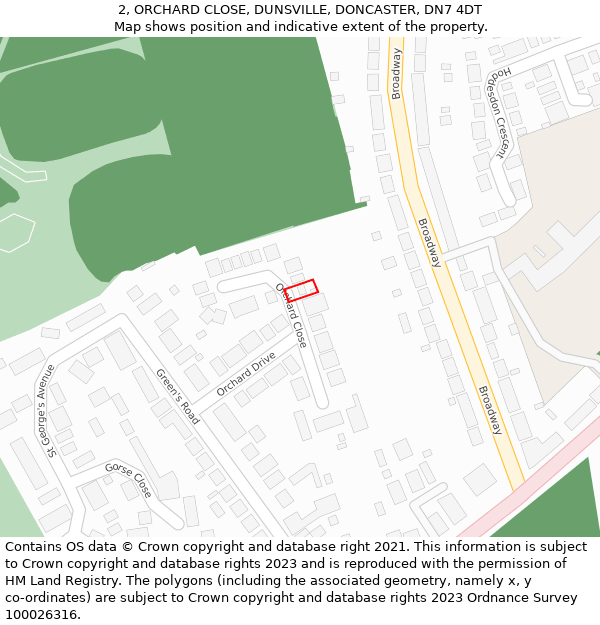 2, ORCHARD CLOSE, DUNSVILLE, DONCASTER, DN7 4DT: Location map and indicative extent of plot