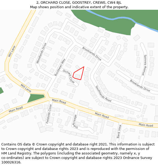 2, ORCHARD CLOSE, GOOSTREY, CREWE, CW4 8JL: Location map and indicative extent of plot