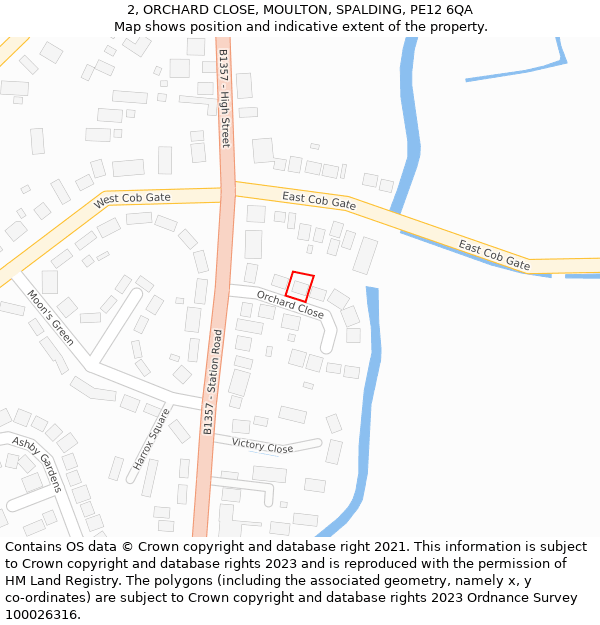 2, ORCHARD CLOSE, MOULTON, SPALDING, PE12 6QA: Location map and indicative extent of plot