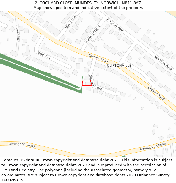 2, ORCHARD CLOSE, MUNDESLEY, NORWICH, NR11 8AZ: Location map and indicative extent of plot