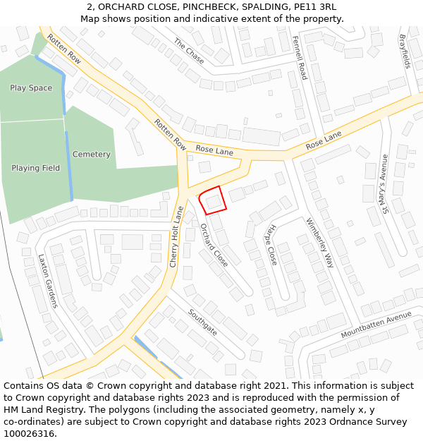 2, ORCHARD CLOSE, PINCHBECK, SPALDING, PE11 3RL: Location map and indicative extent of plot