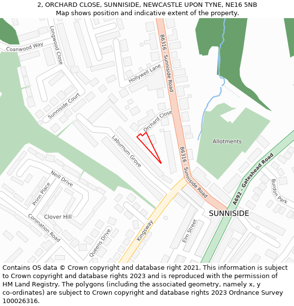 2, ORCHARD CLOSE, SUNNISIDE, NEWCASTLE UPON TYNE, NE16 5NB: Location map and indicative extent of plot