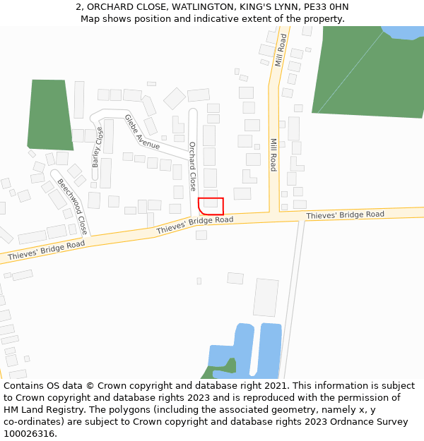 2, ORCHARD CLOSE, WATLINGTON, KING'S LYNN, PE33 0HN: Location map and indicative extent of plot