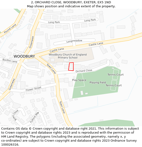 2, ORCHARD CLOSE, WOODBURY, EXETER, EX5 1ND: Location map and indicative extent of plot