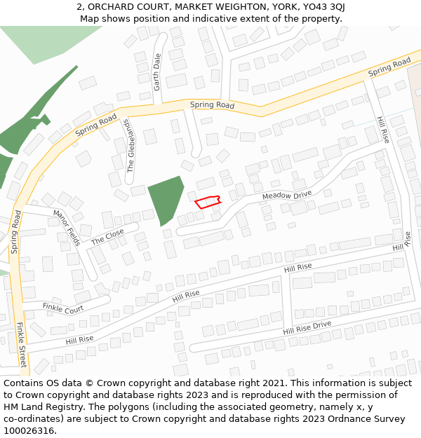 2, ORCHARD COURT, MARKET WEIGHTON, YORK, YO43 3QJ: Location map and indicative extent of plot