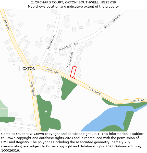 2, ORCHARD COURT, OXTON, SOUTHWELL, NG25 0SR: Location map and indicative extent of plot